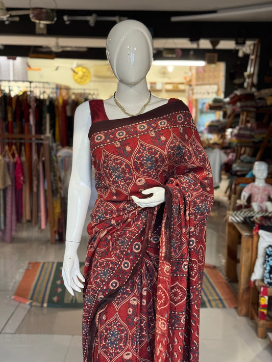Kala cotton hand woven saree with maroon tone Ajrakh hand block prints