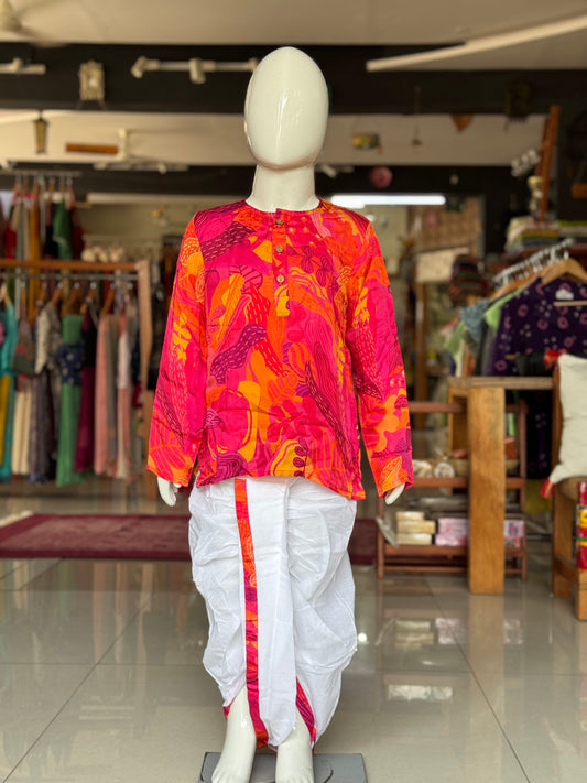 Bright n soft modal red short kurta, white cotton dhoti pants - 2 piece ethnic wear set for boys