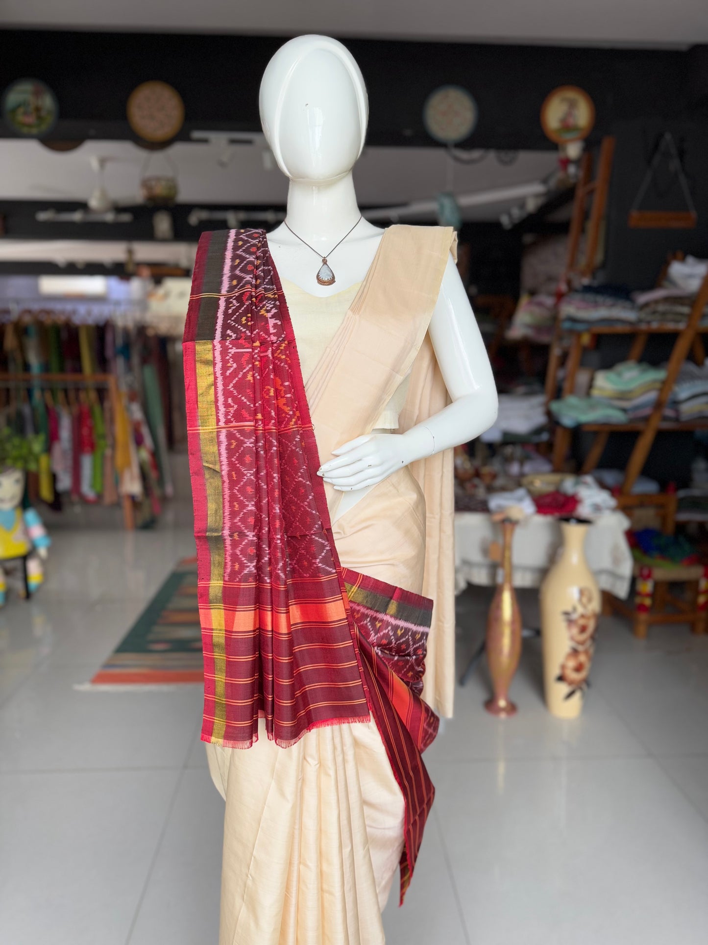Maroon handwoven mulberry silk ikat patola dupatta