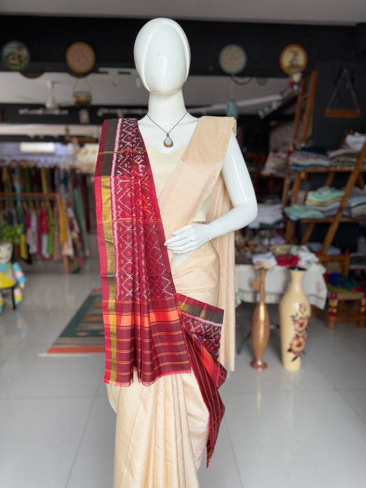 Maroon handwoven mulberry silk ikat patola dupatta