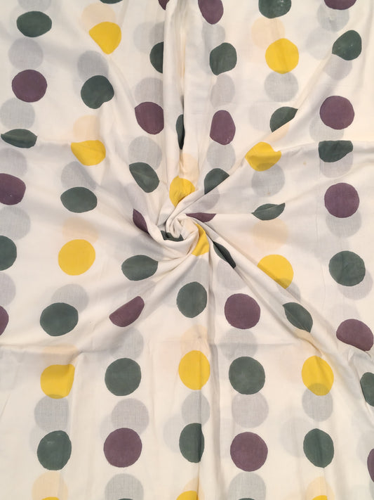 Colorful circles - White hand block print soft cotton fabric