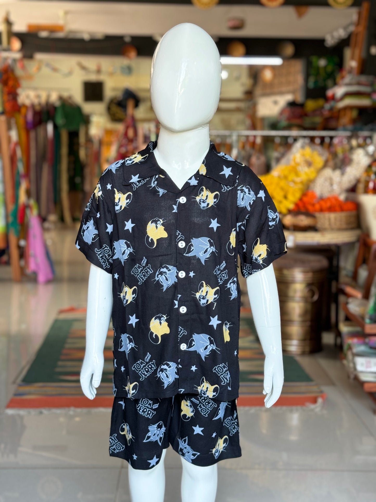 Black Tom and Jerry night suit set - 2 piece shirt n shorts set for boys - lounge wear / night wear