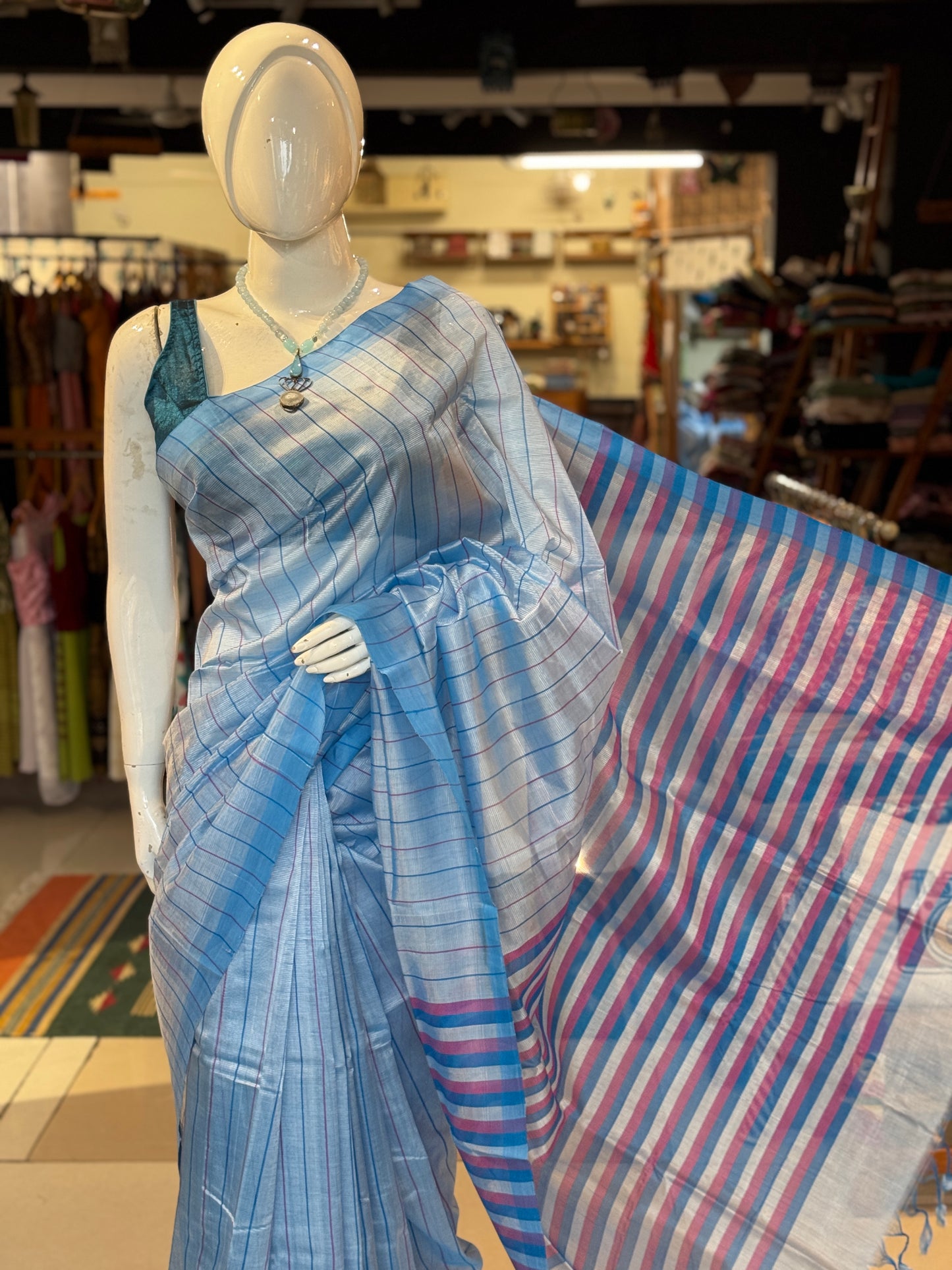 Blue stripes Mangalagiri handloom saree with contrast blouse