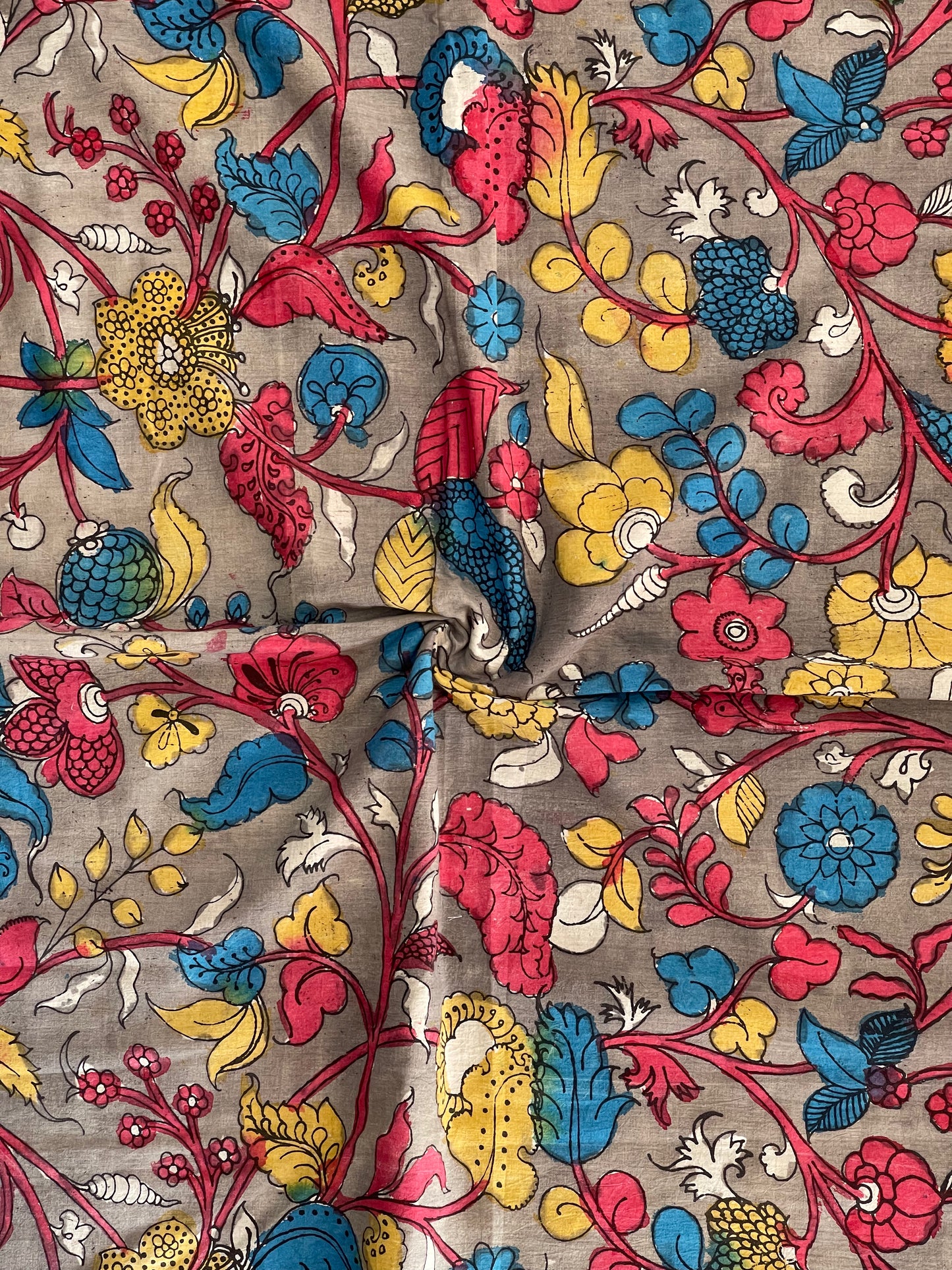 Grey hand painted pen kalamkari floral design cotton fabric