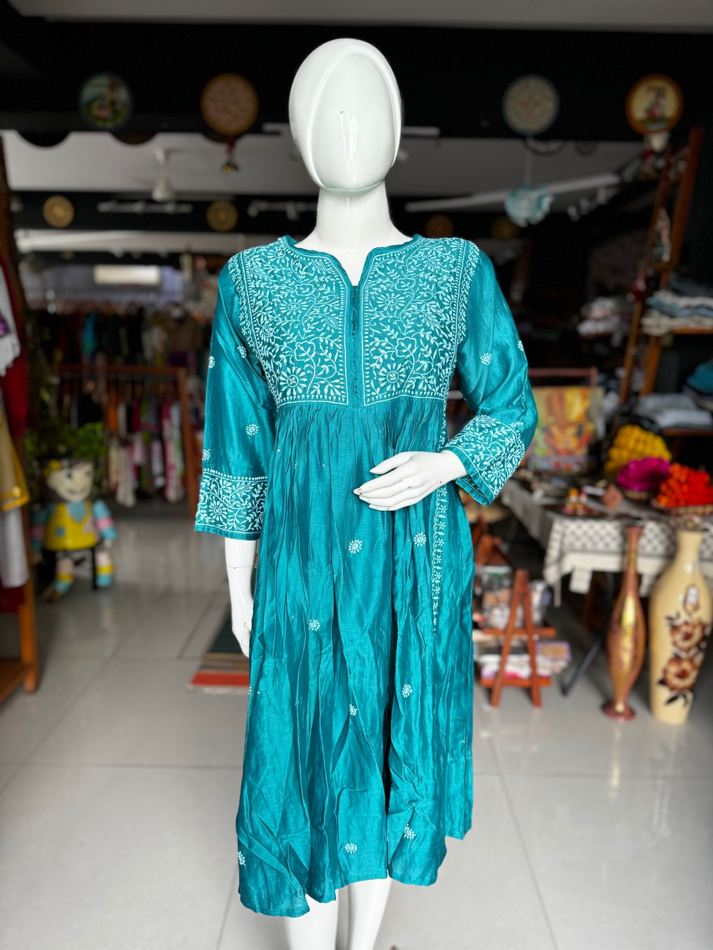 Teal green chikankari mukaish hand embroidered Chanderi kurta / dress