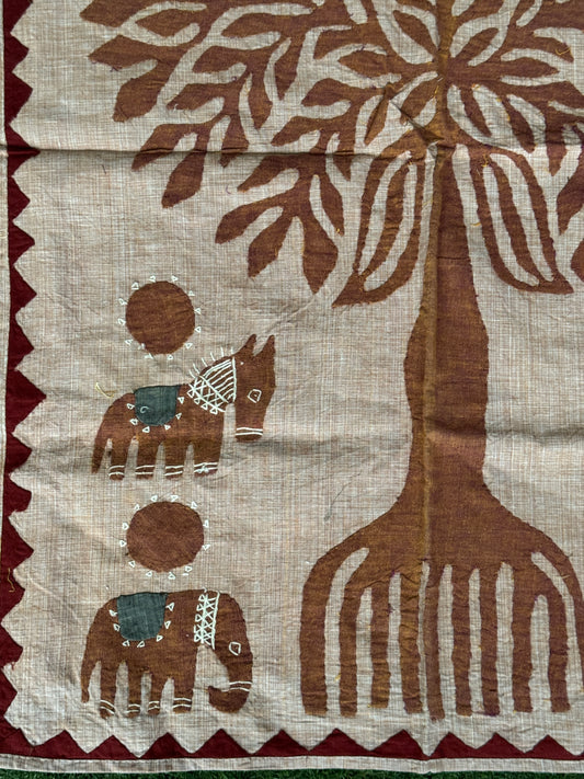 Applique work wall panel handcrafted in handwoven cotton - tree, horses and elephants - click to see color options