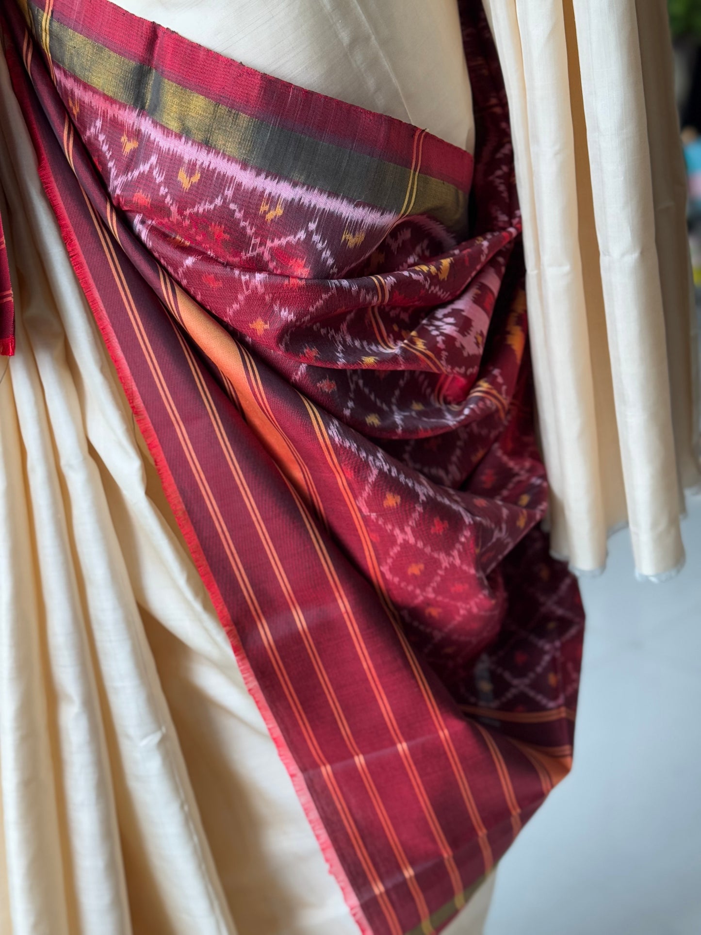 Maroon handwoven mulberry silk ikat patola dupatta