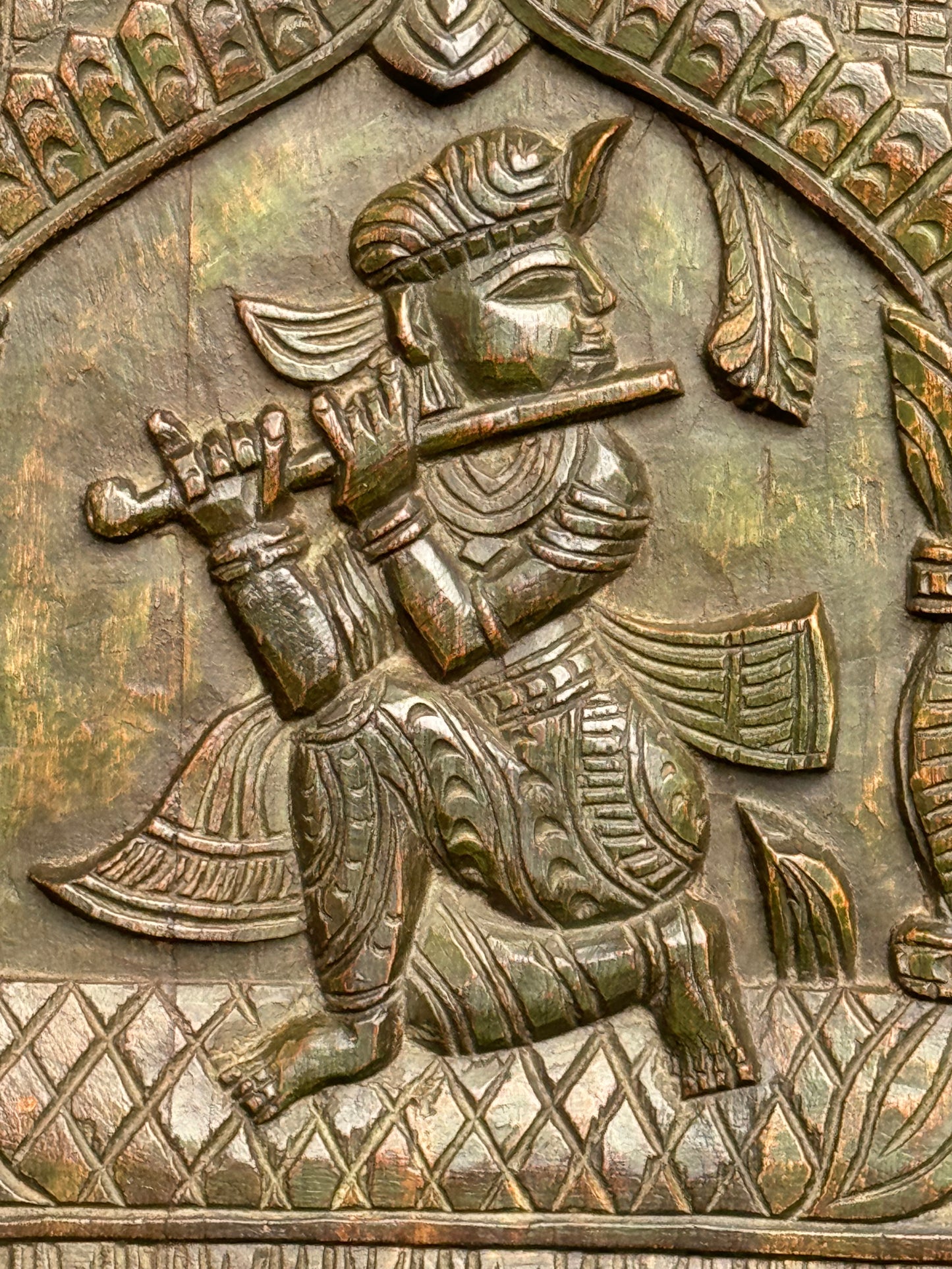 Krishna wall decor frame in distress finish wood - hand carved wall hanging