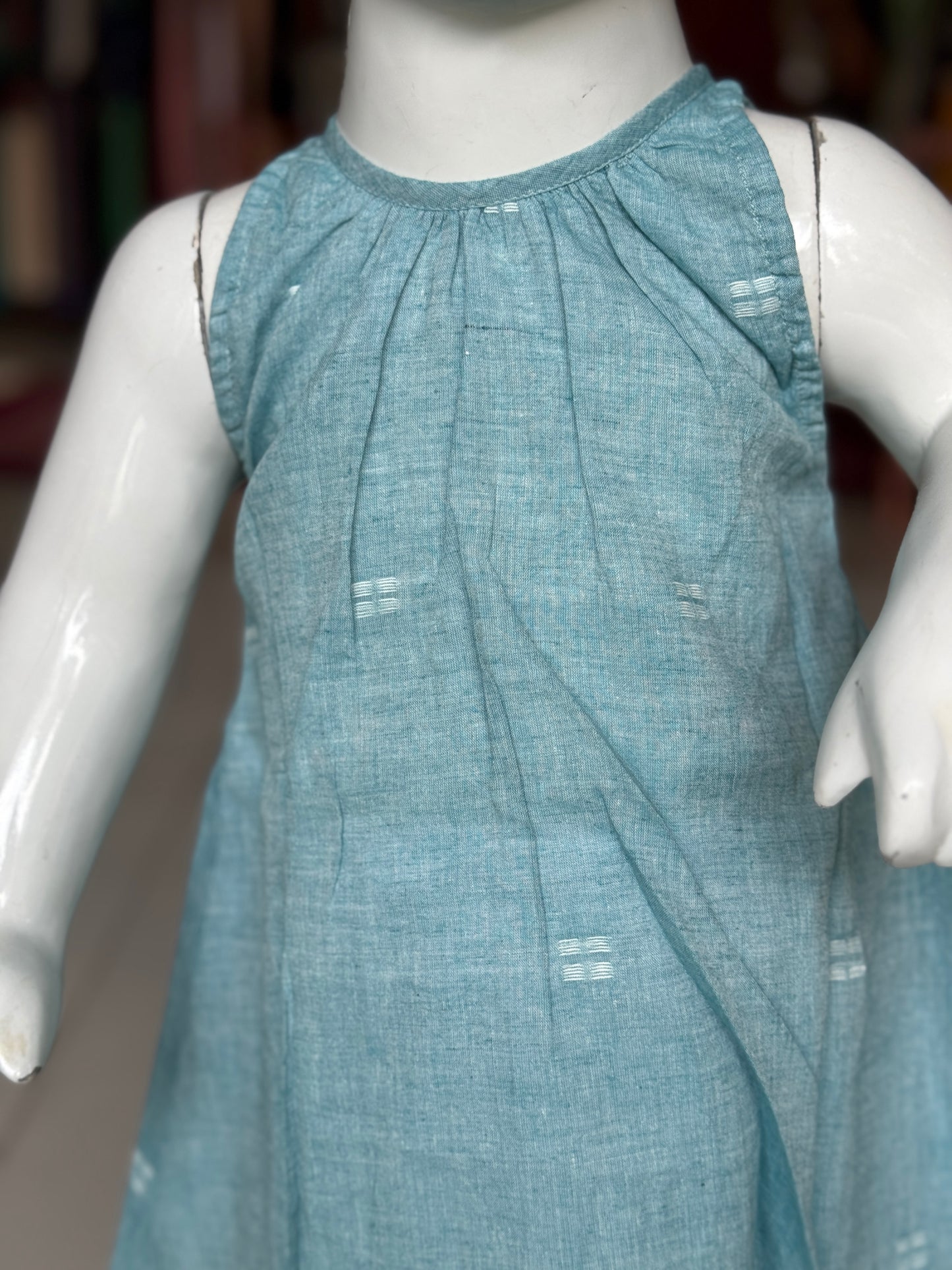 Light blue jamdani hand woven cotton top with white scallop pants - 2 piece set