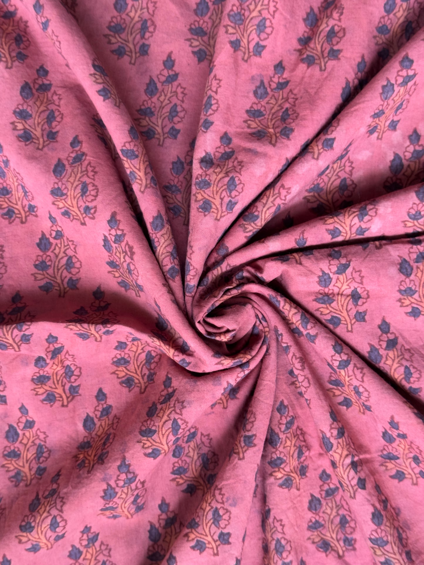 Ajrakh hand block printed pink cotton fabric - small floral butis