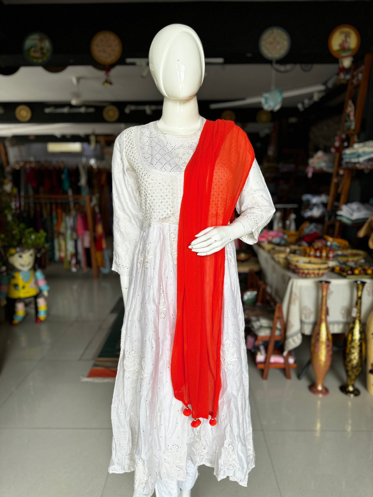 Off white chikankari mukaish hand embroidered anarkali dress