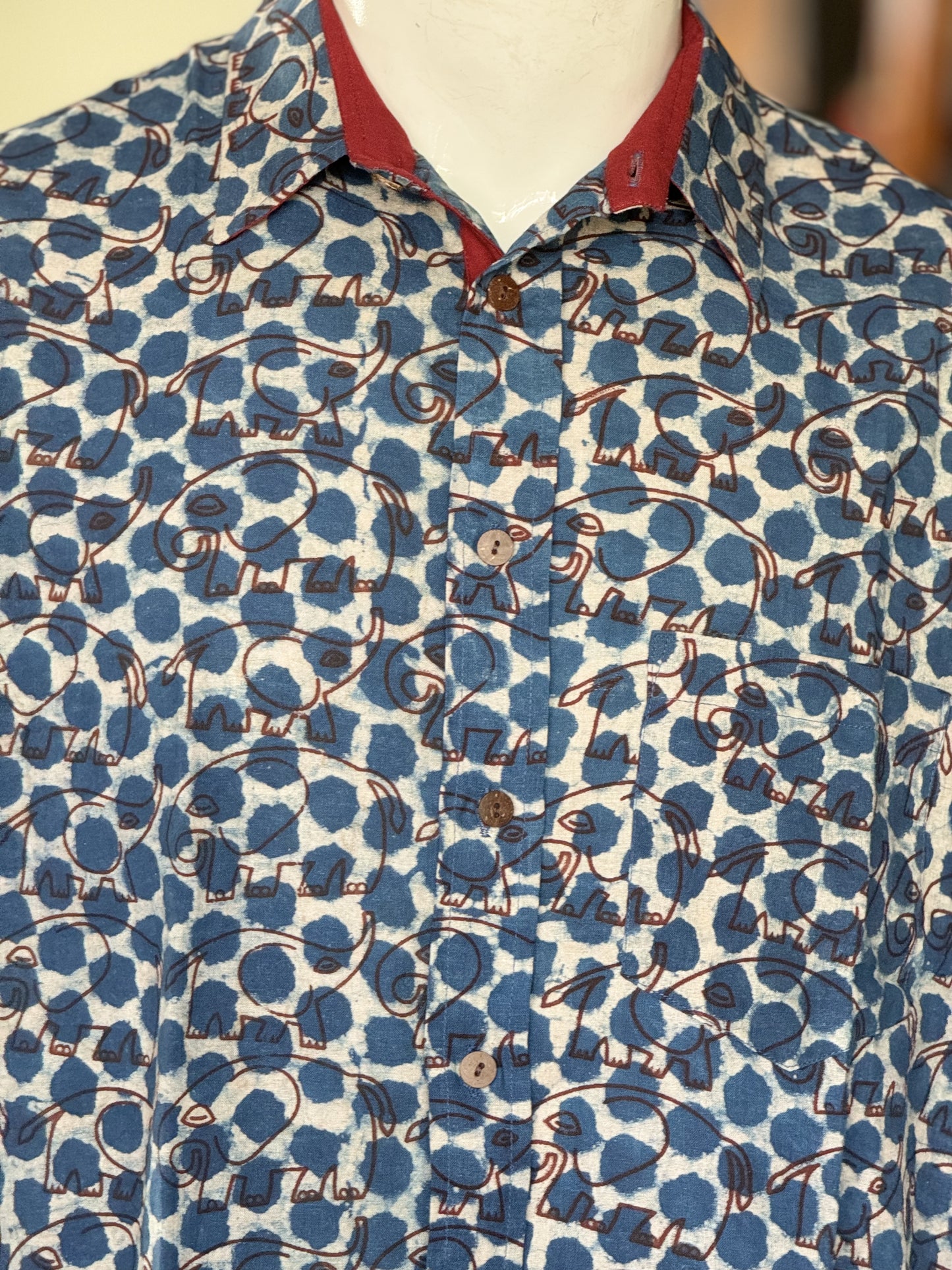 Indigo elephants and dots print half sleeves mens natural dye, hand block printed cotton shirt