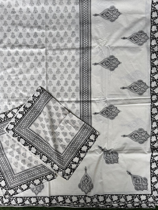 Black and white fine brass hand block prints on white base - pure cotton super king 108 x 108 inches size bedsheet - multiple designs available