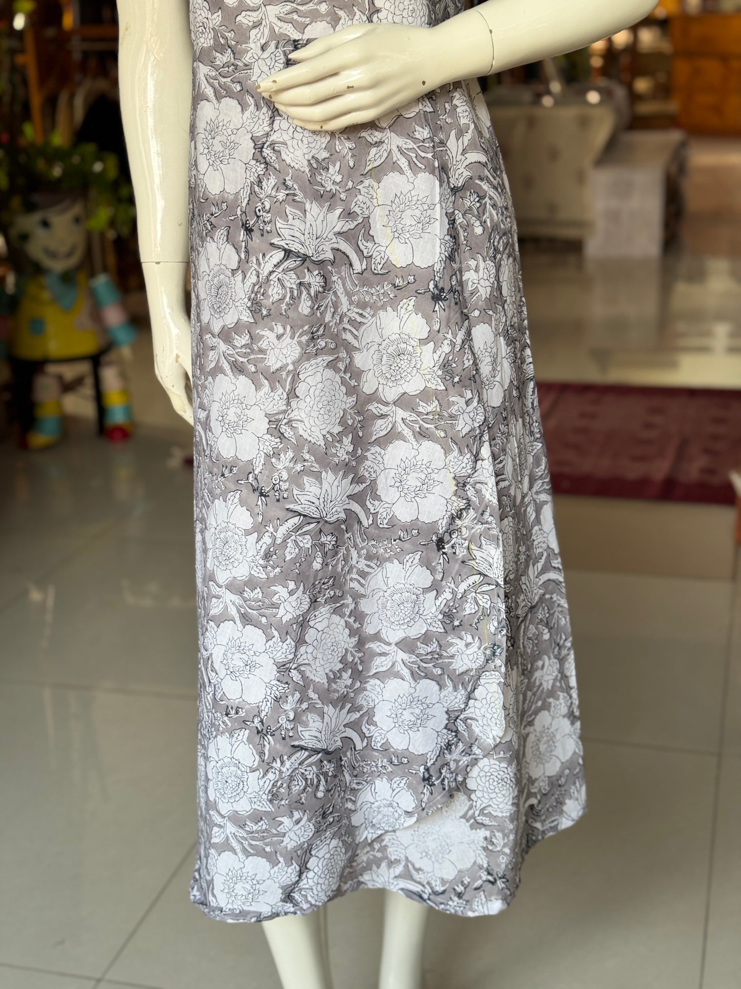 Grey floral hand block printed cotton dress with overlap skirt