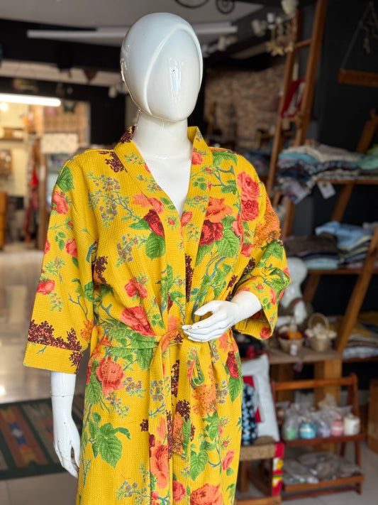 Hand block printed waffle cotton bath robe / swim suit cover up for adults - multiple designs