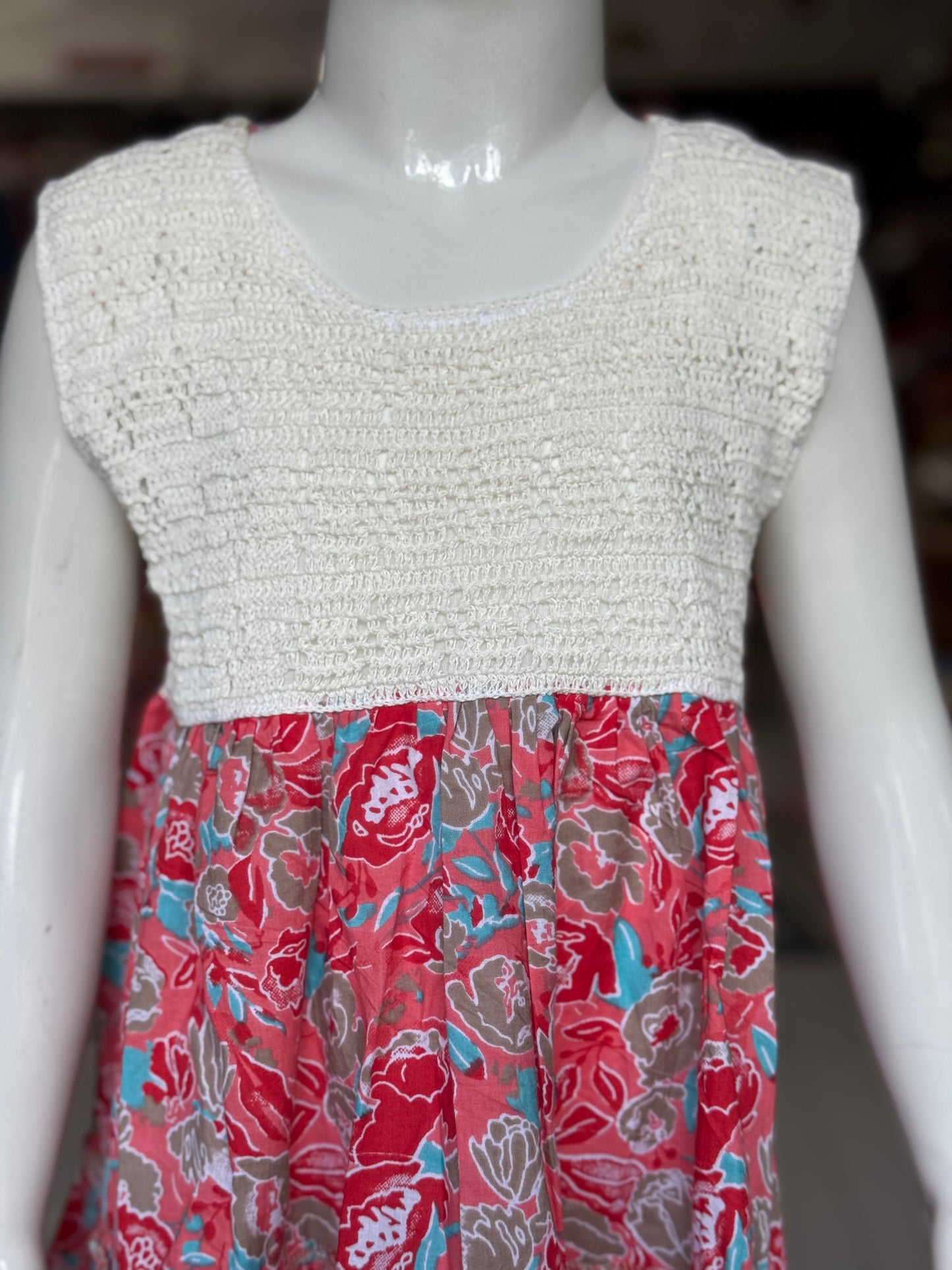 Tiered hand block printed cotton frock with crochet yoke for girls