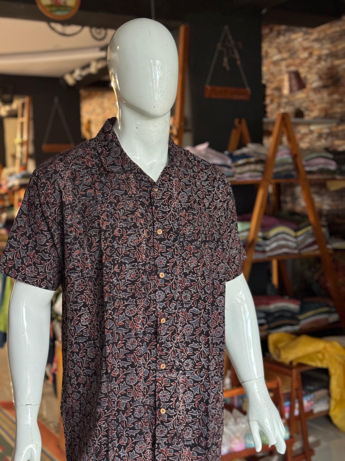 Hand block printed Freedom fabric half sleeve shirts - hand spun, hand woven cotton mens shirt