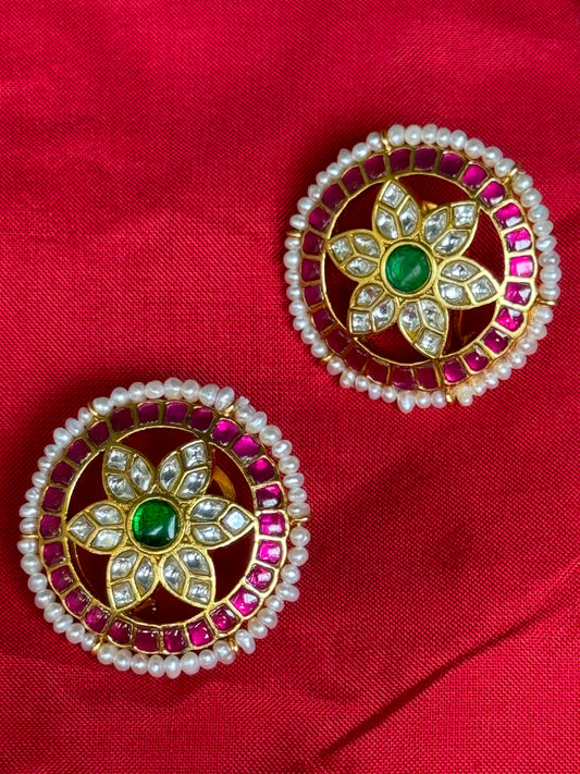 Big round studs earrings - white and pink circles, flower at center - Gold polish 92.5 sterling silver