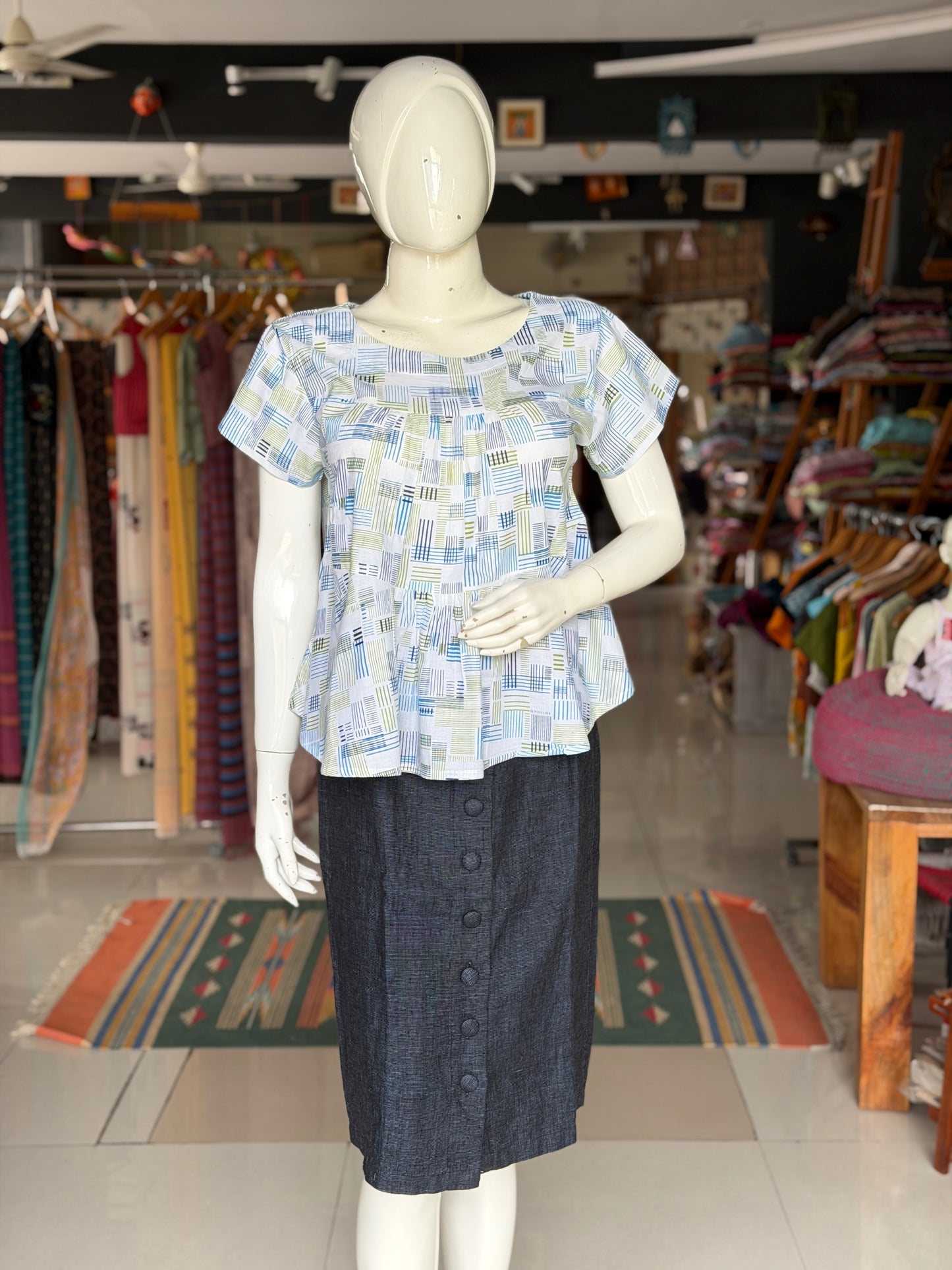 White tiered frills cotton top - hand block printed with blue green lines