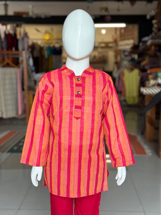 Red and orange stripes long cotton kurta for boys