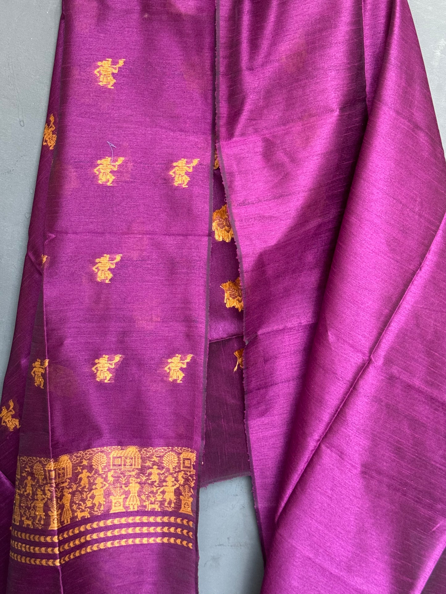 Purple hand woven raw silk unstitched kurti fabric with tribal motifs