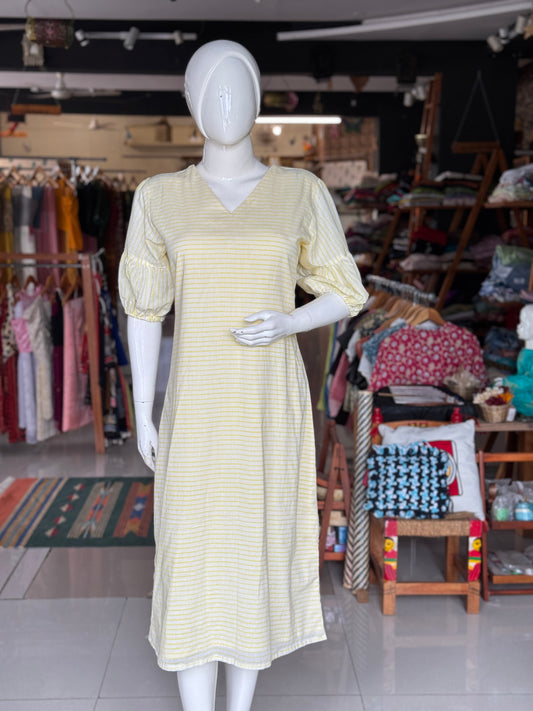 Off white and yellow stripes hand block printed soft cotton dress