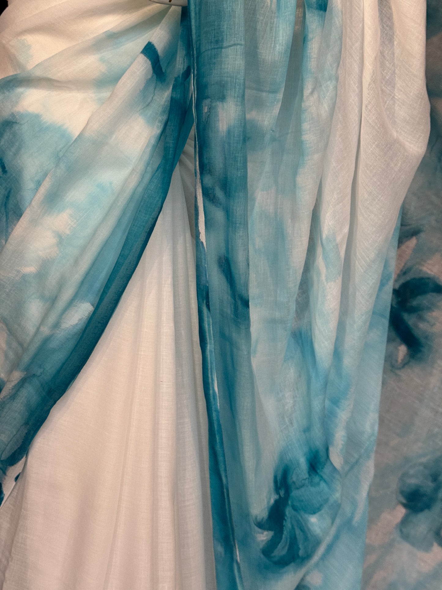 White and blue floral design water colors hand painted soft mul cotton saree