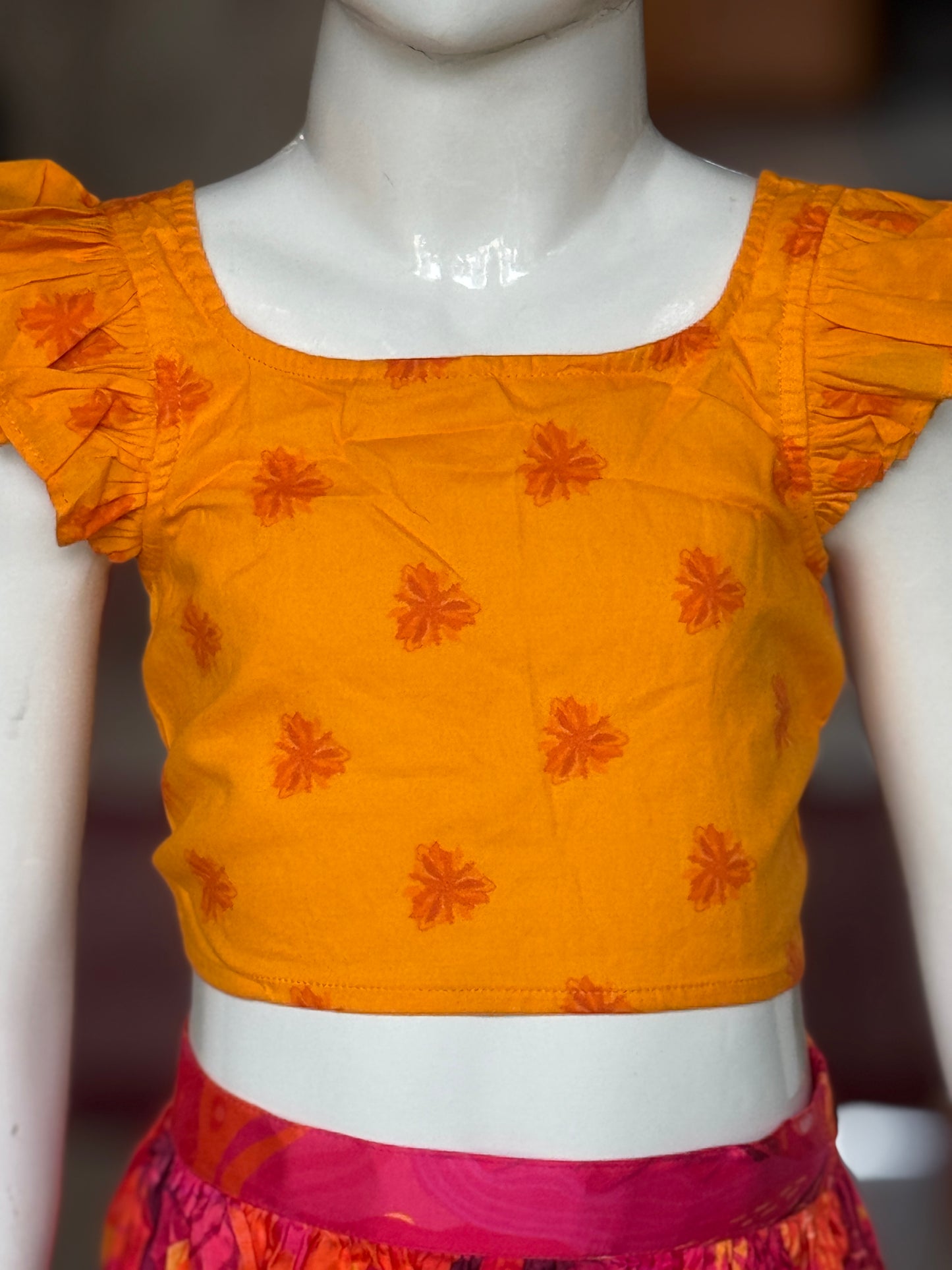 Bright pink and orange modal digital printed lehenga skirt and cotton top - 2 piece set