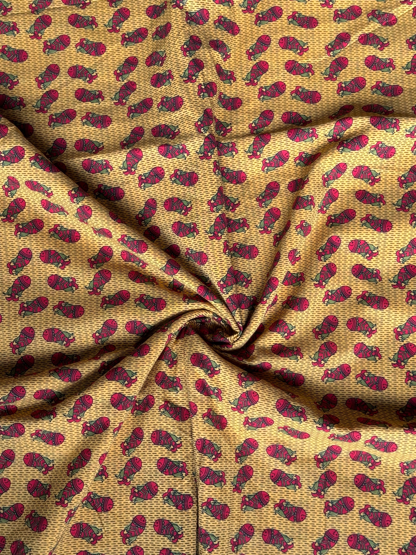 Yellow fish in water hand block printed soft cotton fabric