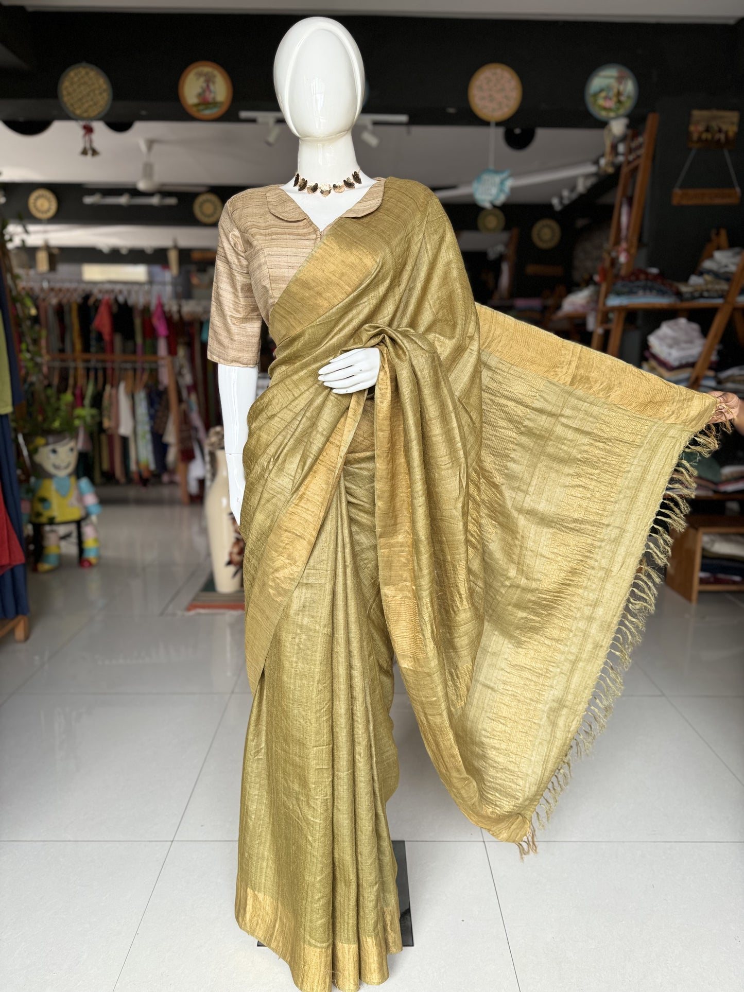 Natural haldi and harad dyed green pure tussar silk handloom saree
