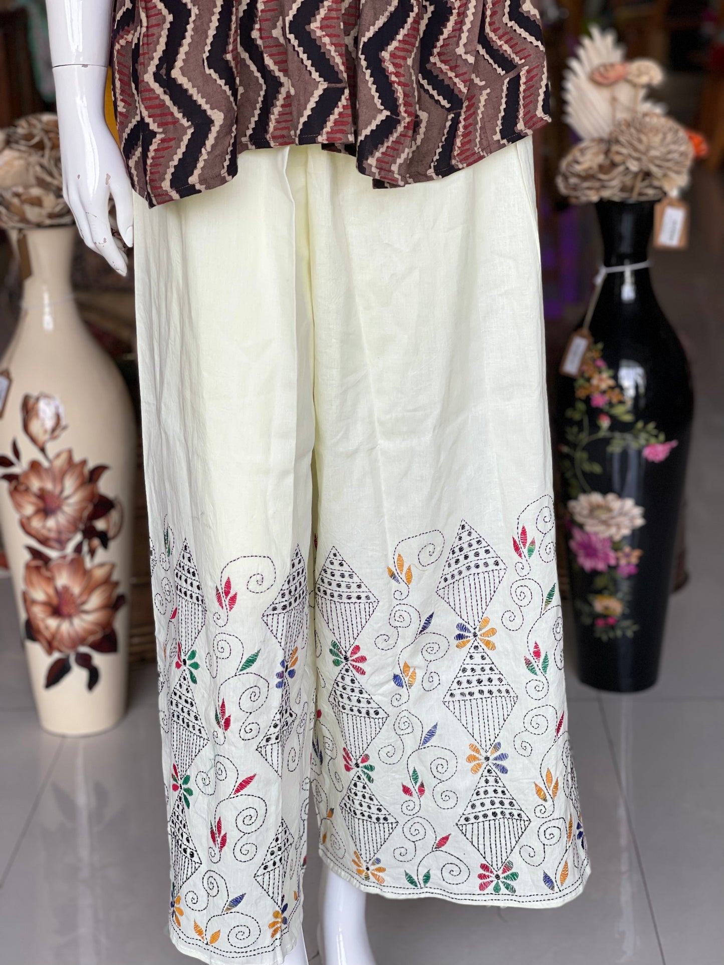 Cream cotton free size plazo with kites design Kantha hand embroidery