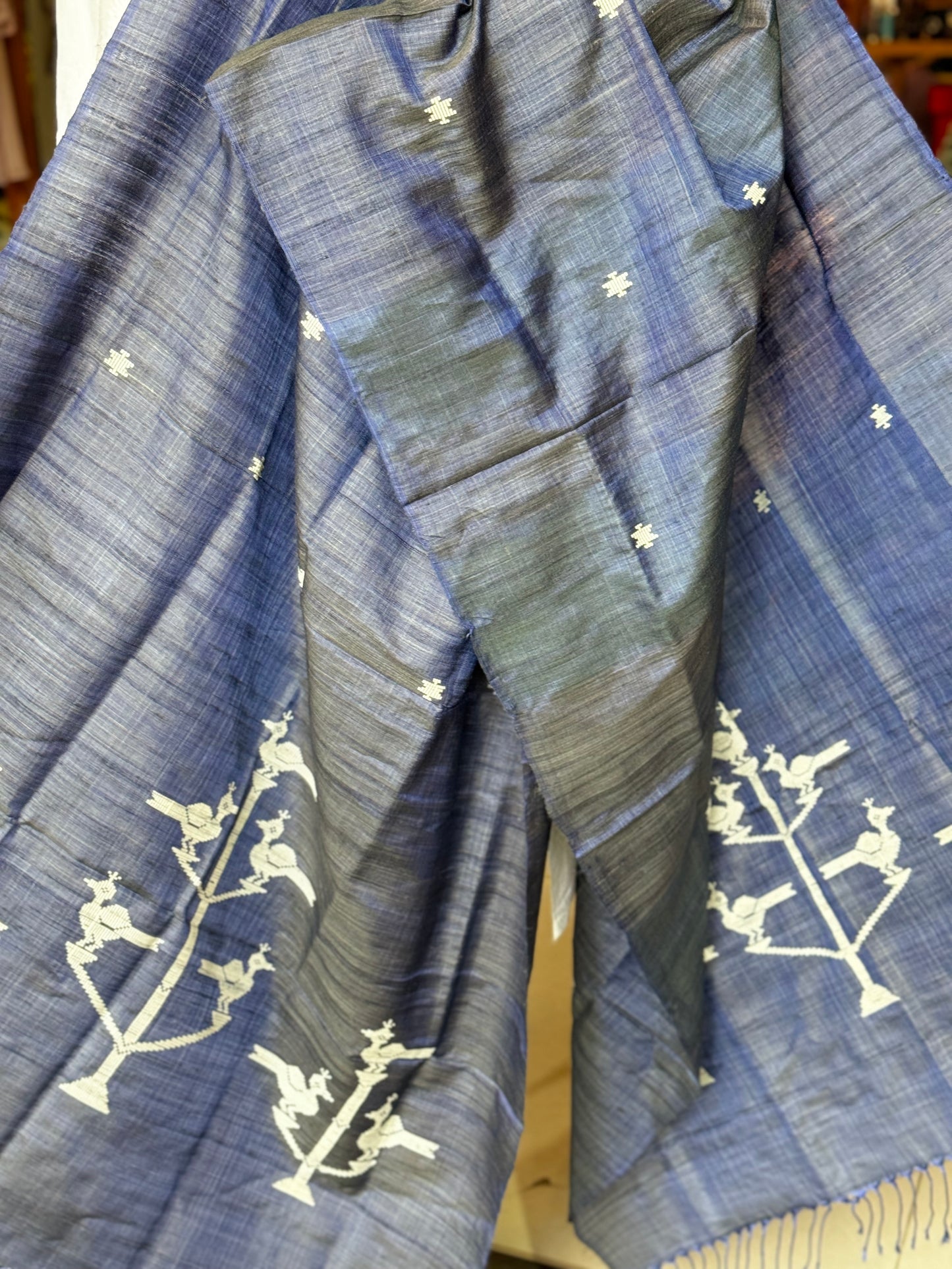 Birds on trees - hand woven pure tussar silk x mulberry silk dupatta with extra weft motifs