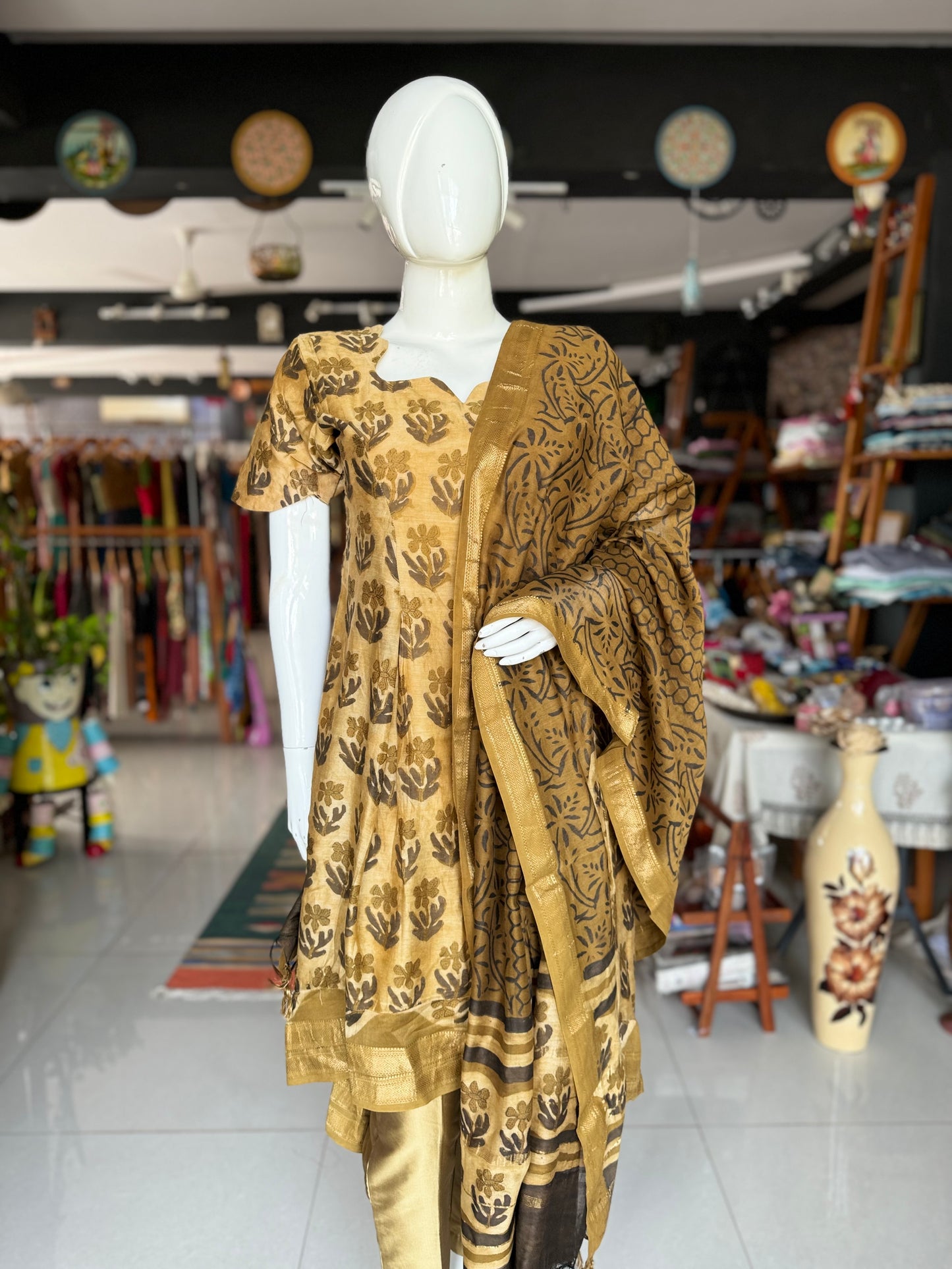 Olive green Vanaspati handblock printed Chanderi dress Kurti