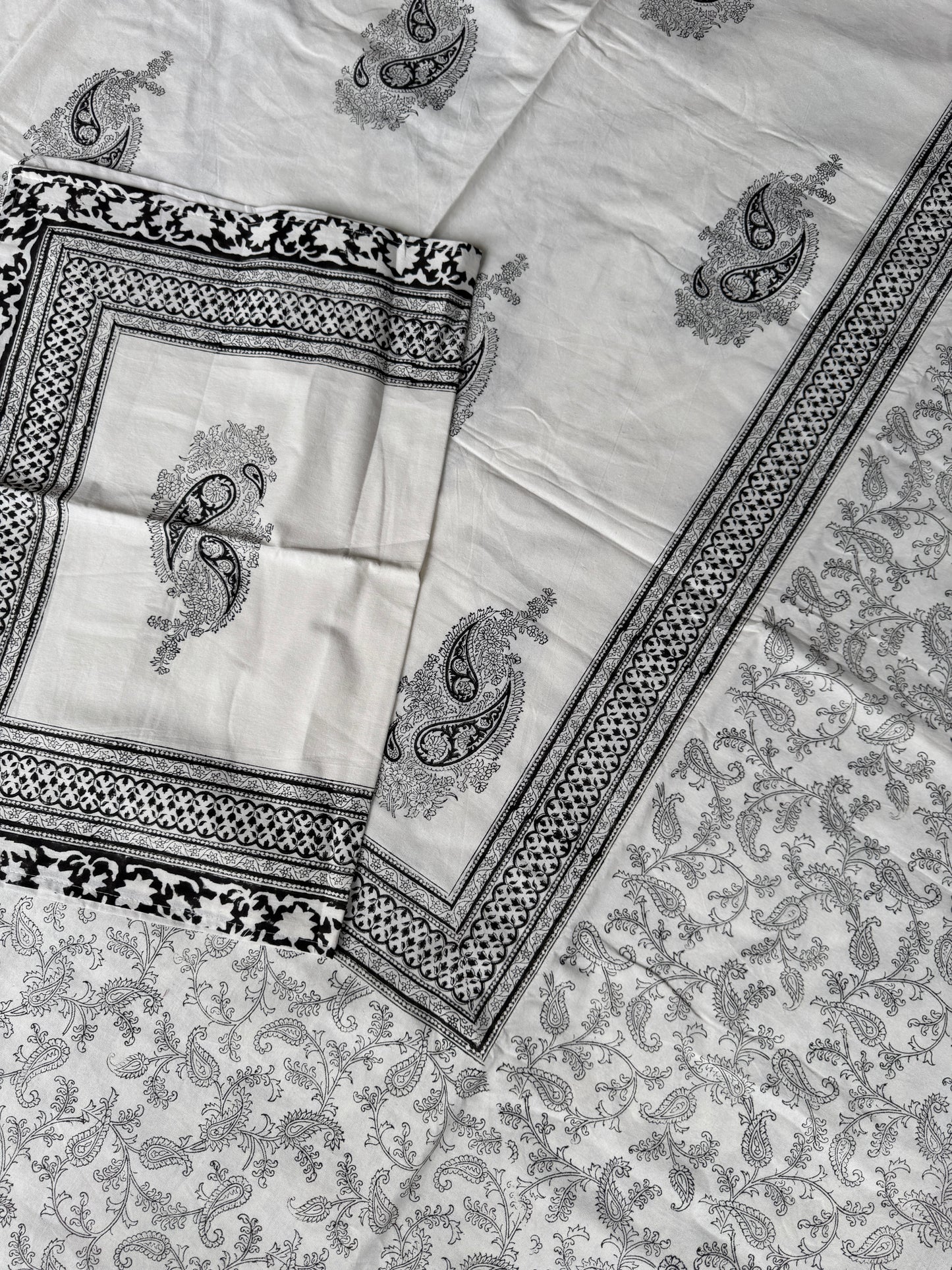Black and white fine brass hand block prints on white base - pure cotton super king 108 x 108 inches size bedsheet - multiple designs available