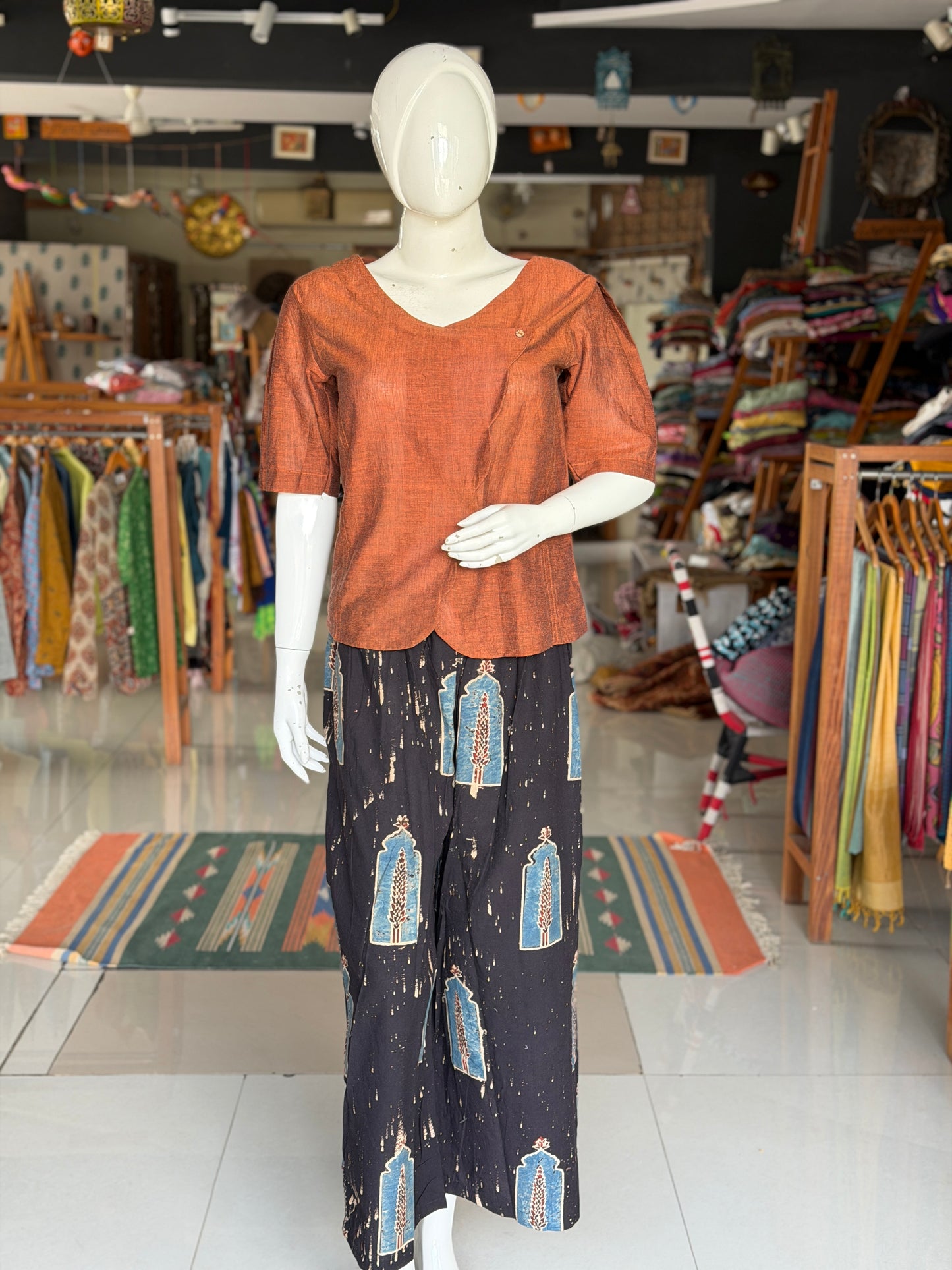 Black jharokha design cotton hand block printed Ajrakh free sized pants