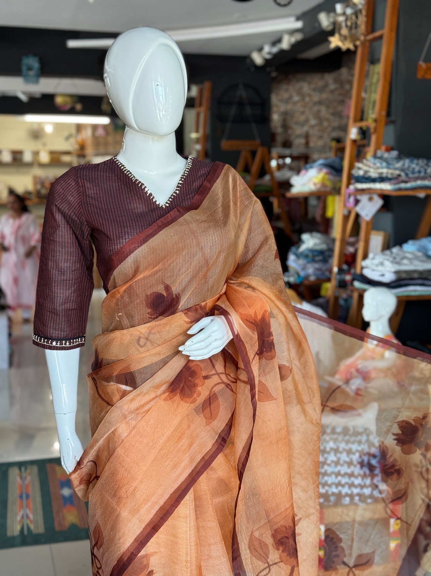 Peach brown hand painted organza saree