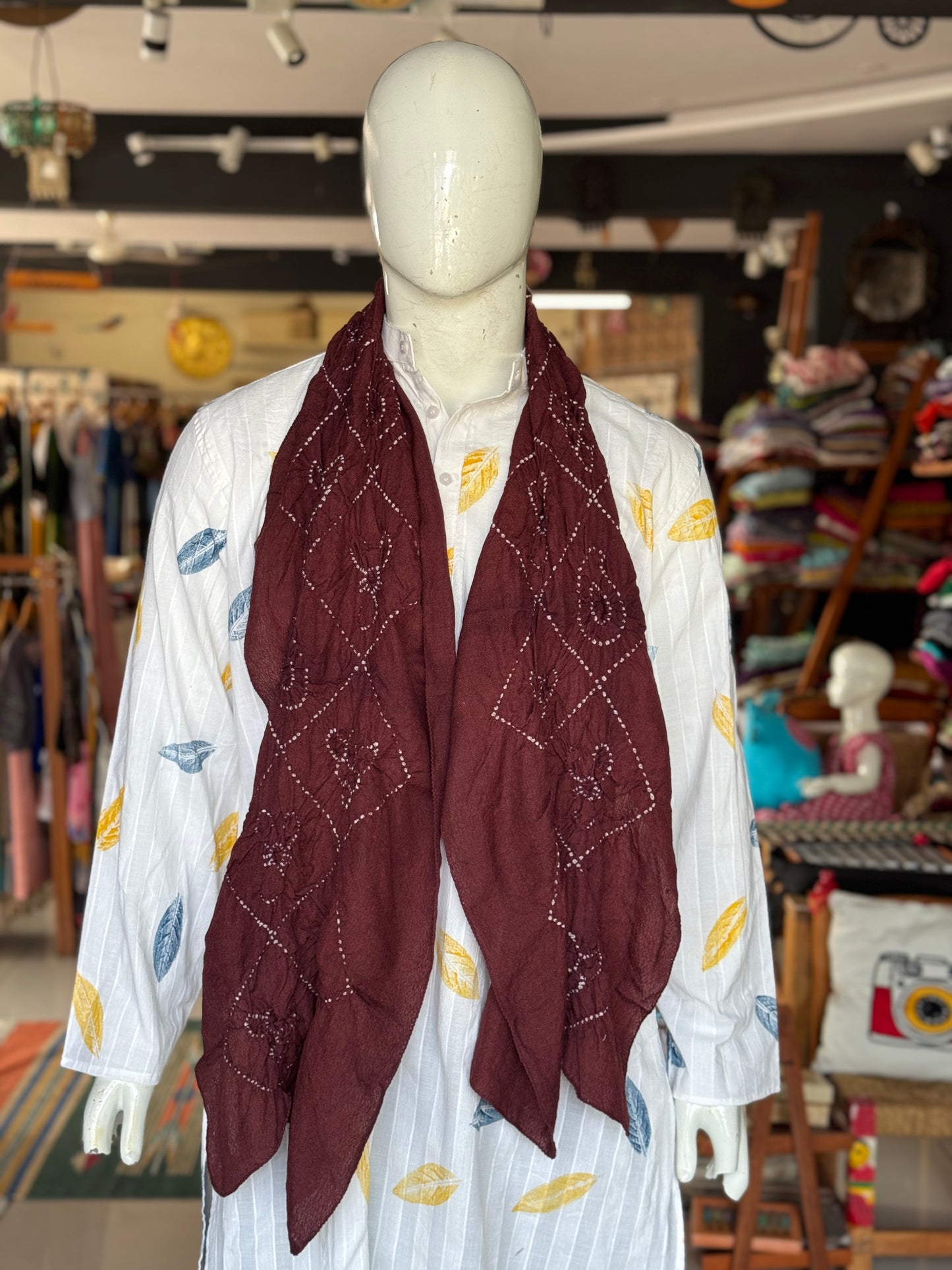 Brown Bhujodi hand spun, hand woven, hand crafted colorful bandini woollen stole