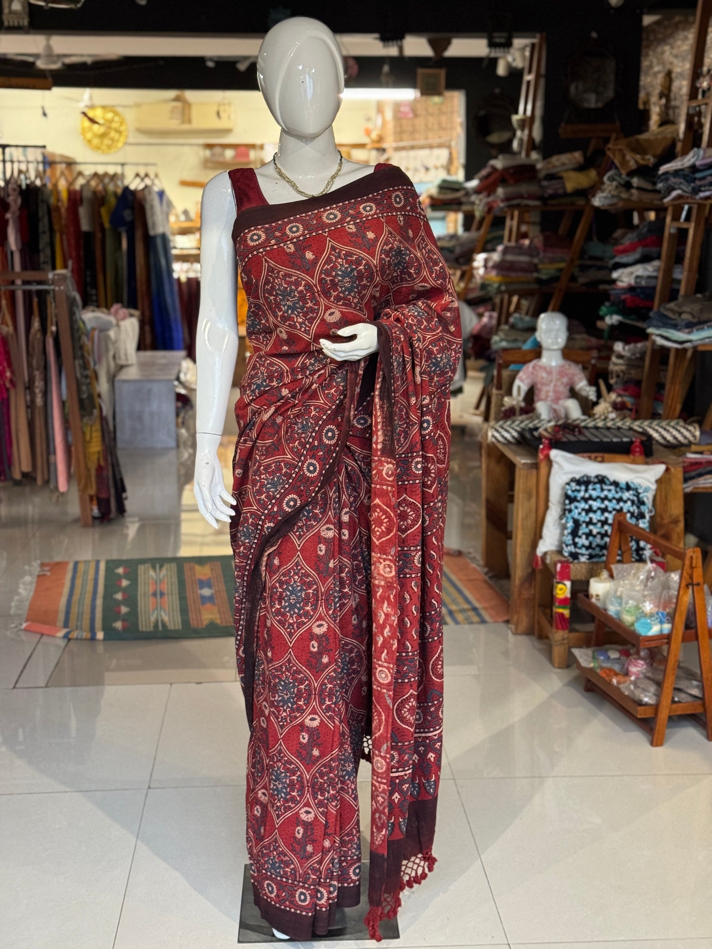Kala cotton hand woven saree with maroon tone Ajrakh hand block prints