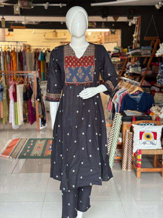 Black cotton A-line cotton Kurti and pants - 2 piece coord set, patch work yoke