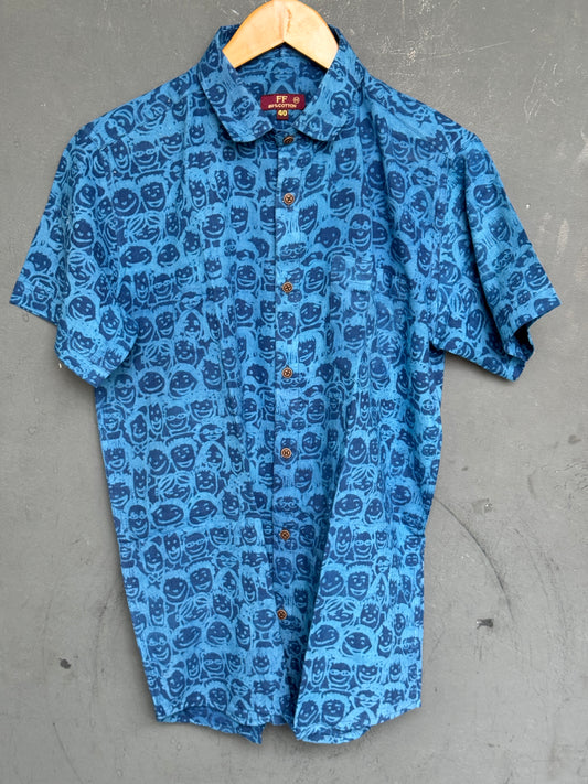 Blue quirky faces print half sleeves mens screen printed cotton shirt