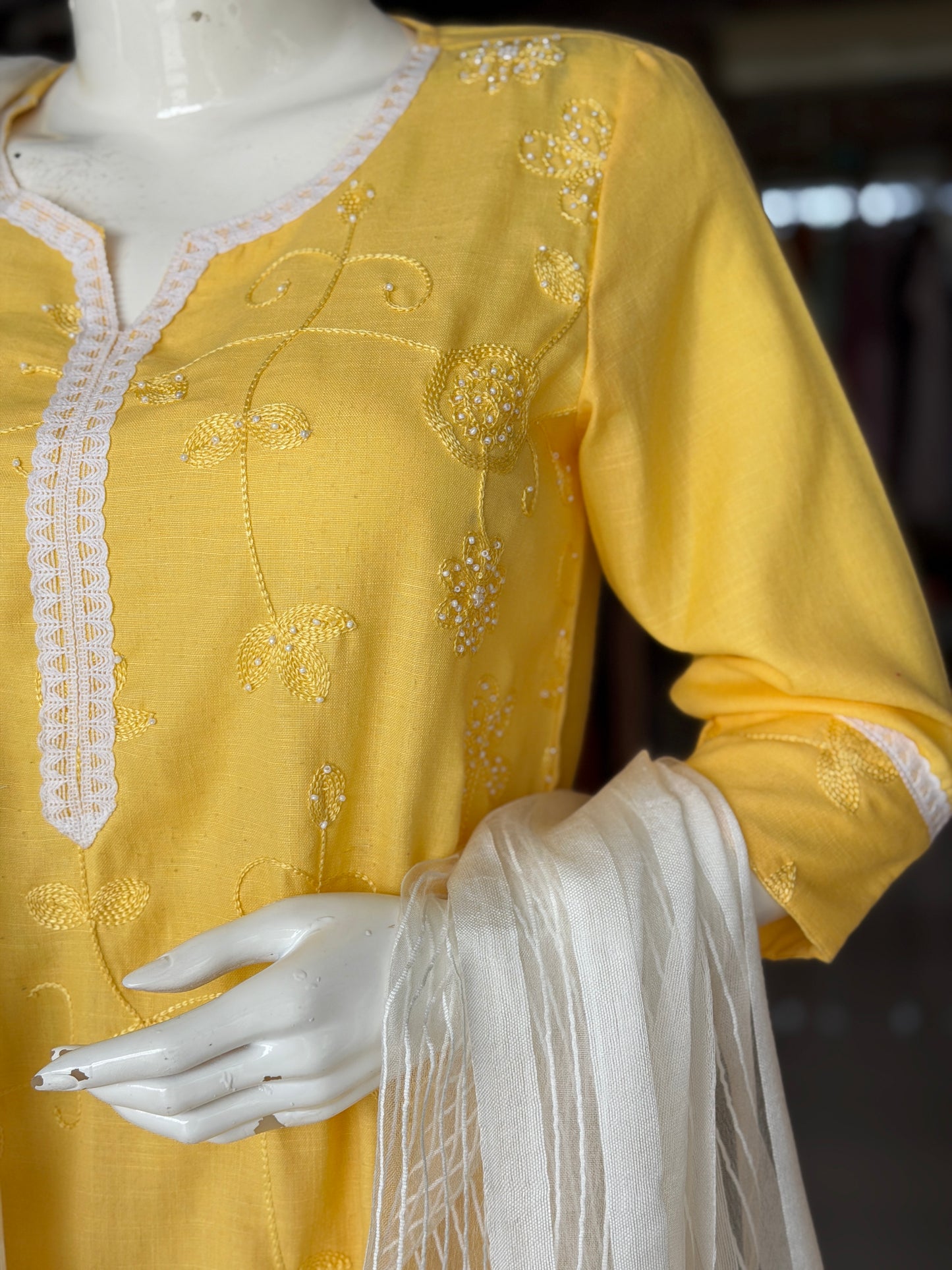 Yellow embroidered cotton kurta, white dupatta n pants set - 3 piece suit set