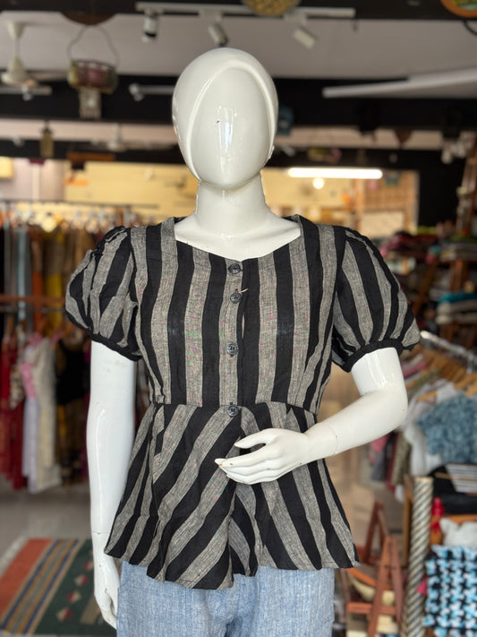 Black and grey stripes linen hand woven peplum top with puff sleeves