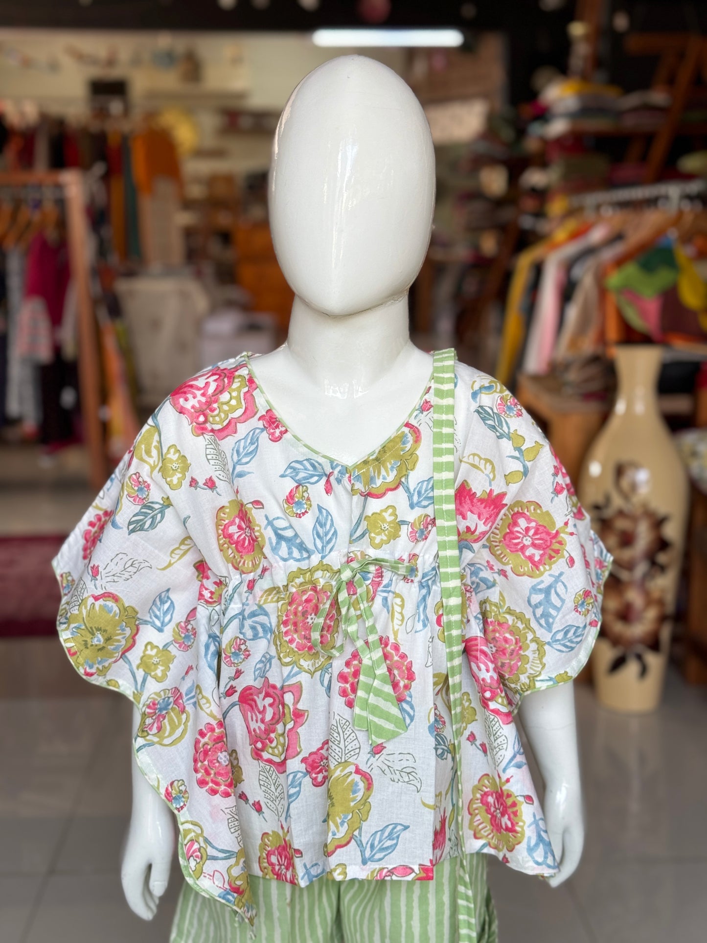 White and green floral hand block printed kaftan top with block printed stripes shorts and a matching bag - all in cotton