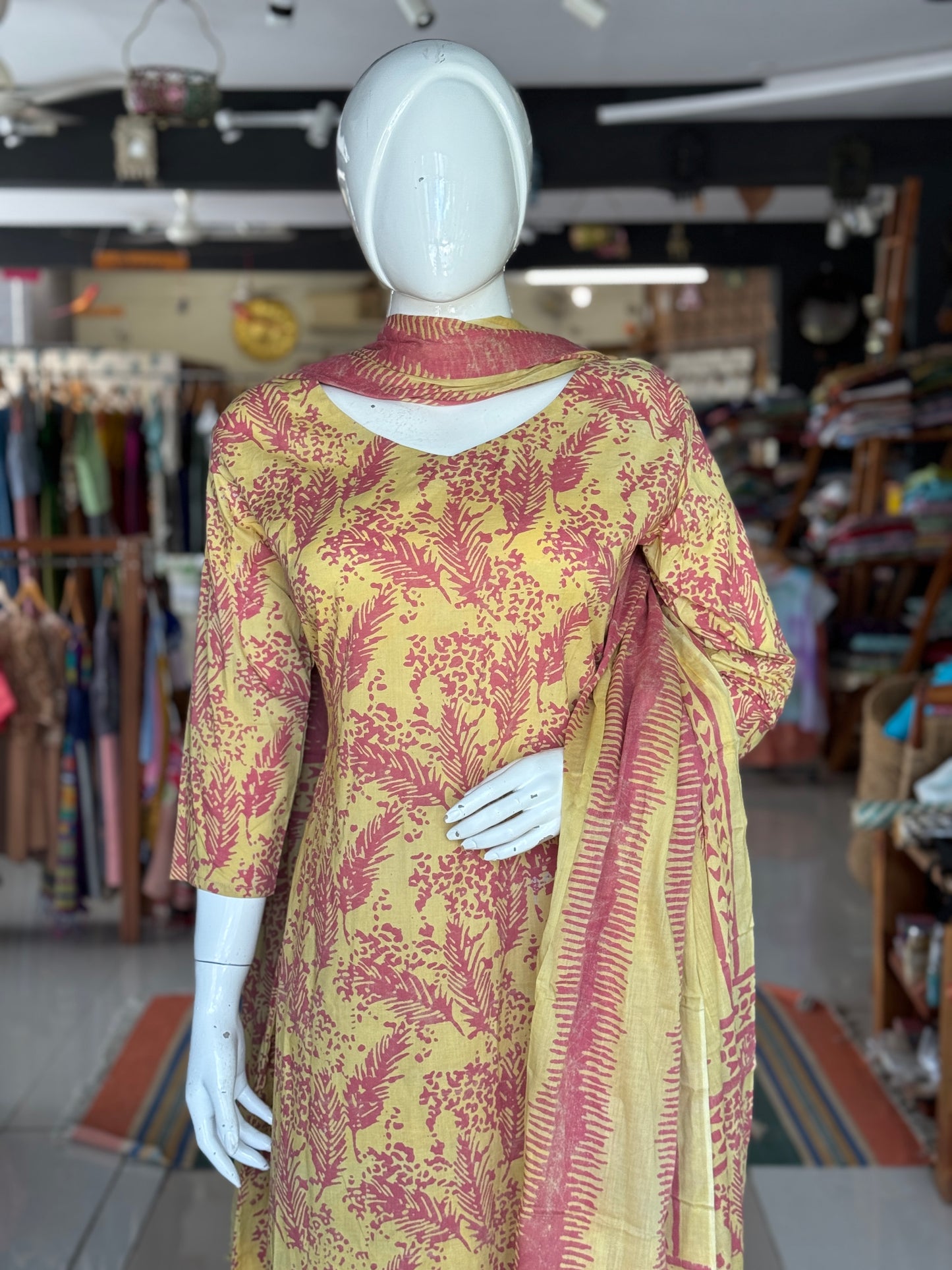 Yellow and pink leaf pattern soft batik cotton A-line kurta, dupatta and pants - 3 piece suit set