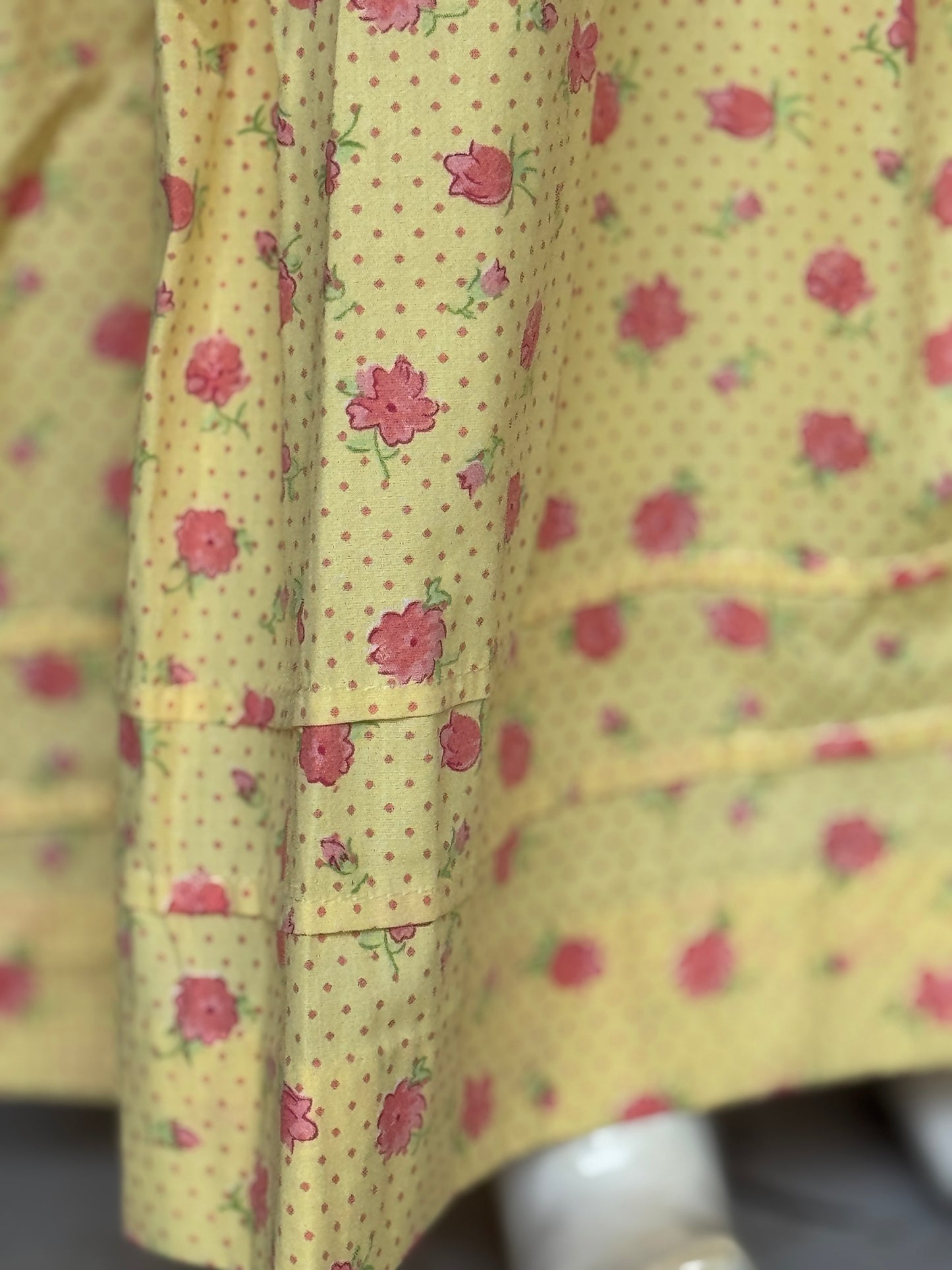 Yellow floral print hand embroidered smocking cotton frock for girls with collar