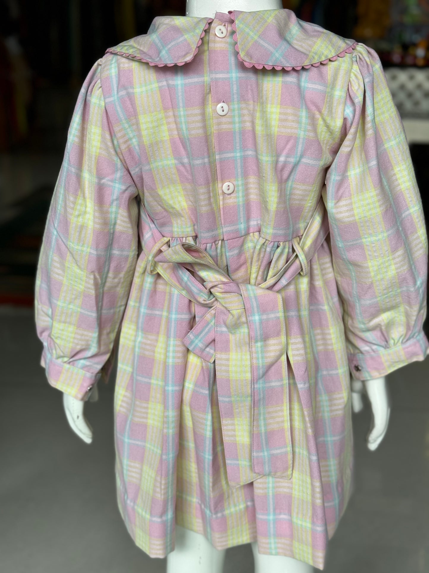 Pink and yellow checks smocking frock with embroidered collar and long sleeves
