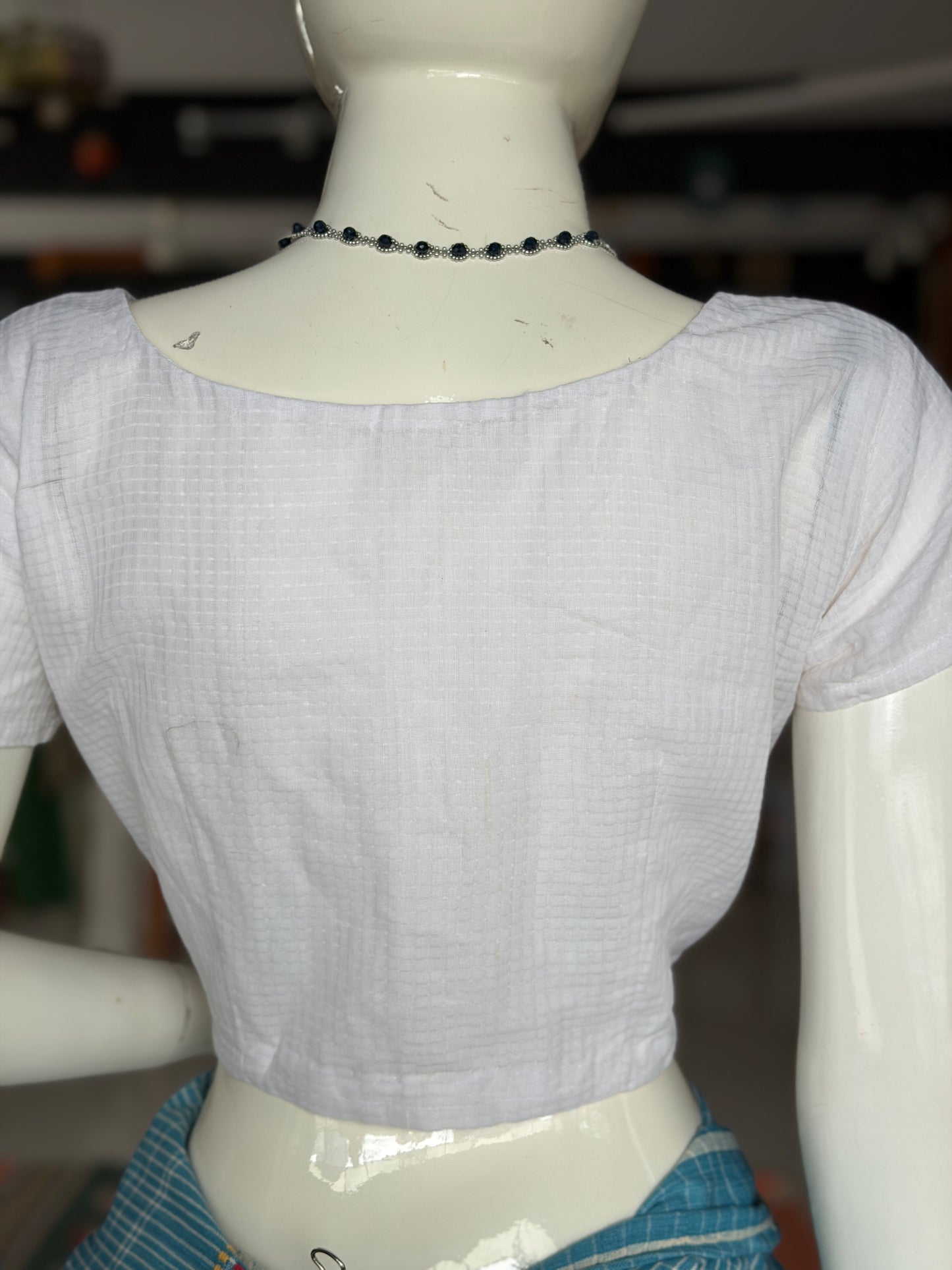 White Mangalagiri cotton short sleeved blouse - front open