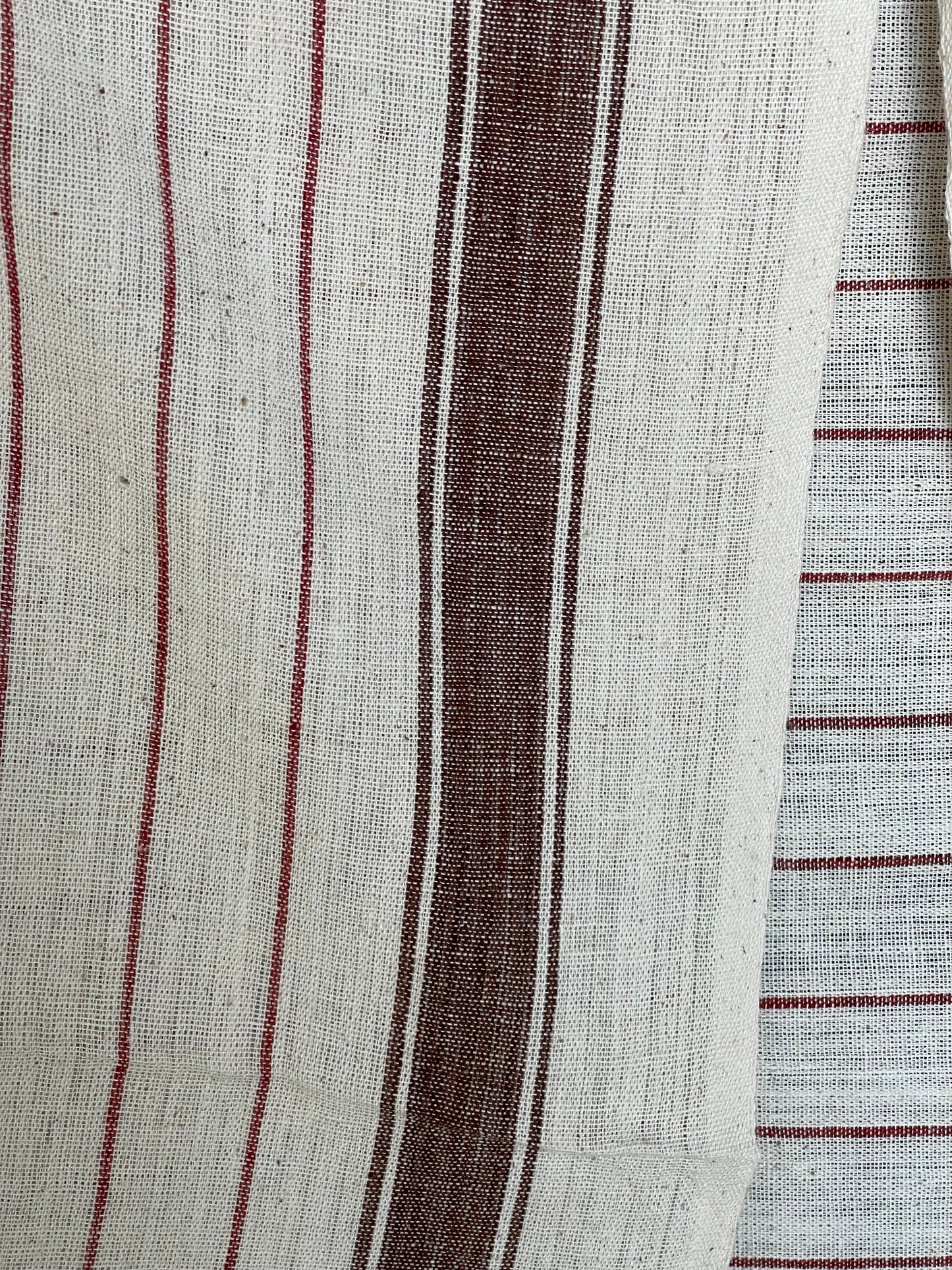 Off White hand spun hand woven cotton bath towel with brown stripes
