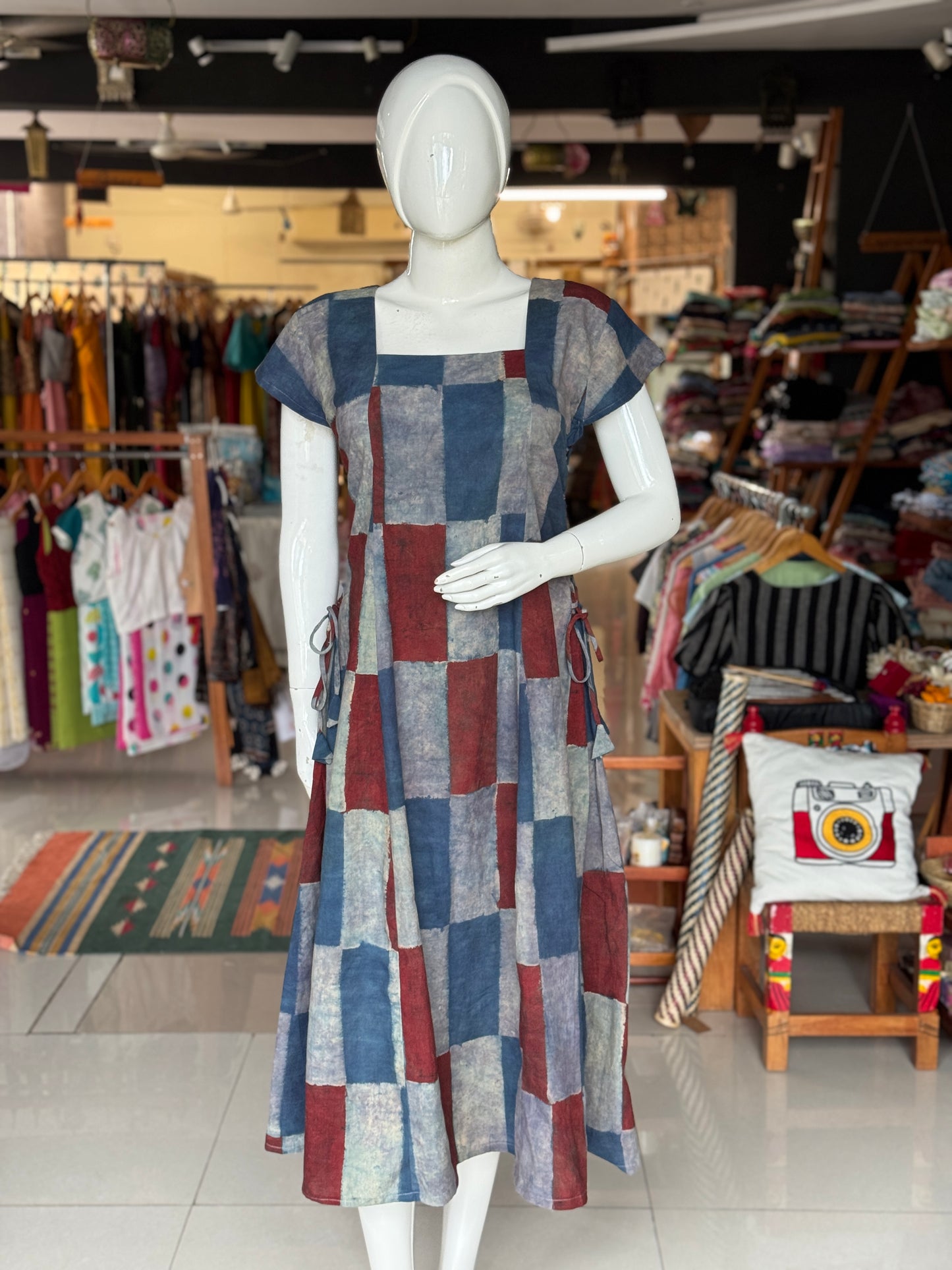 Ajrakh rectangles print side ties dress - cotton, natural dyed, hand block printed