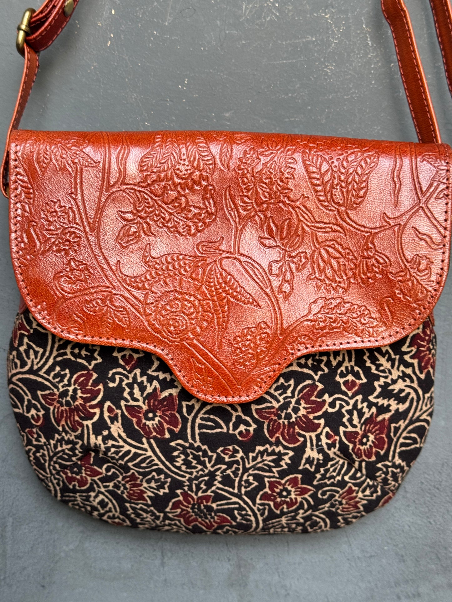 Hand crafted adjustable length sling bag - block printed fabric and embossed leather - multiple designs